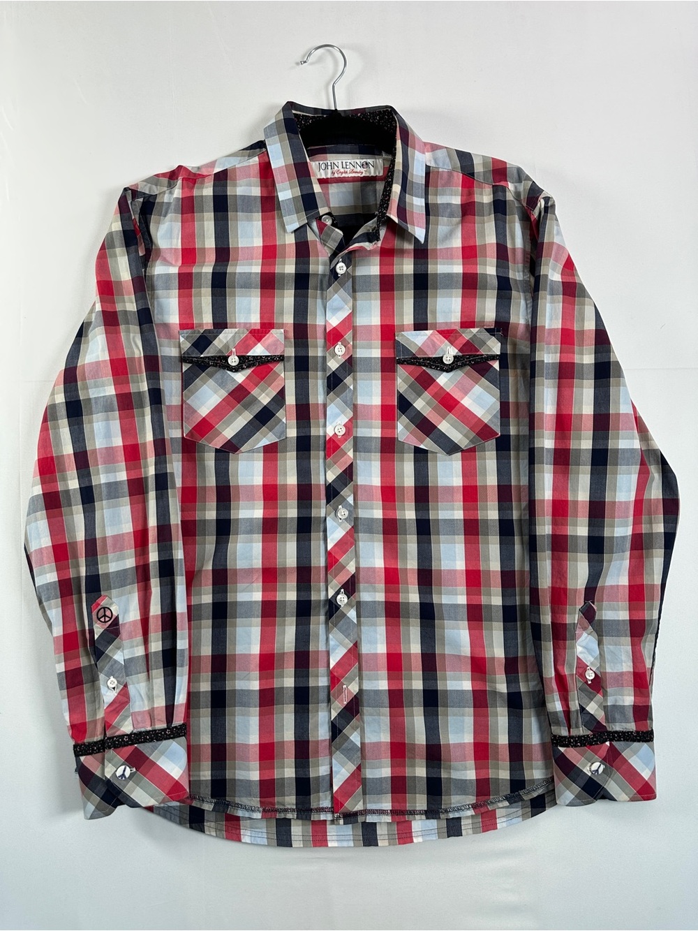 John Lennon by English Laundry Cotton Plaid Long Sleeve Shirt Red Navy Size L